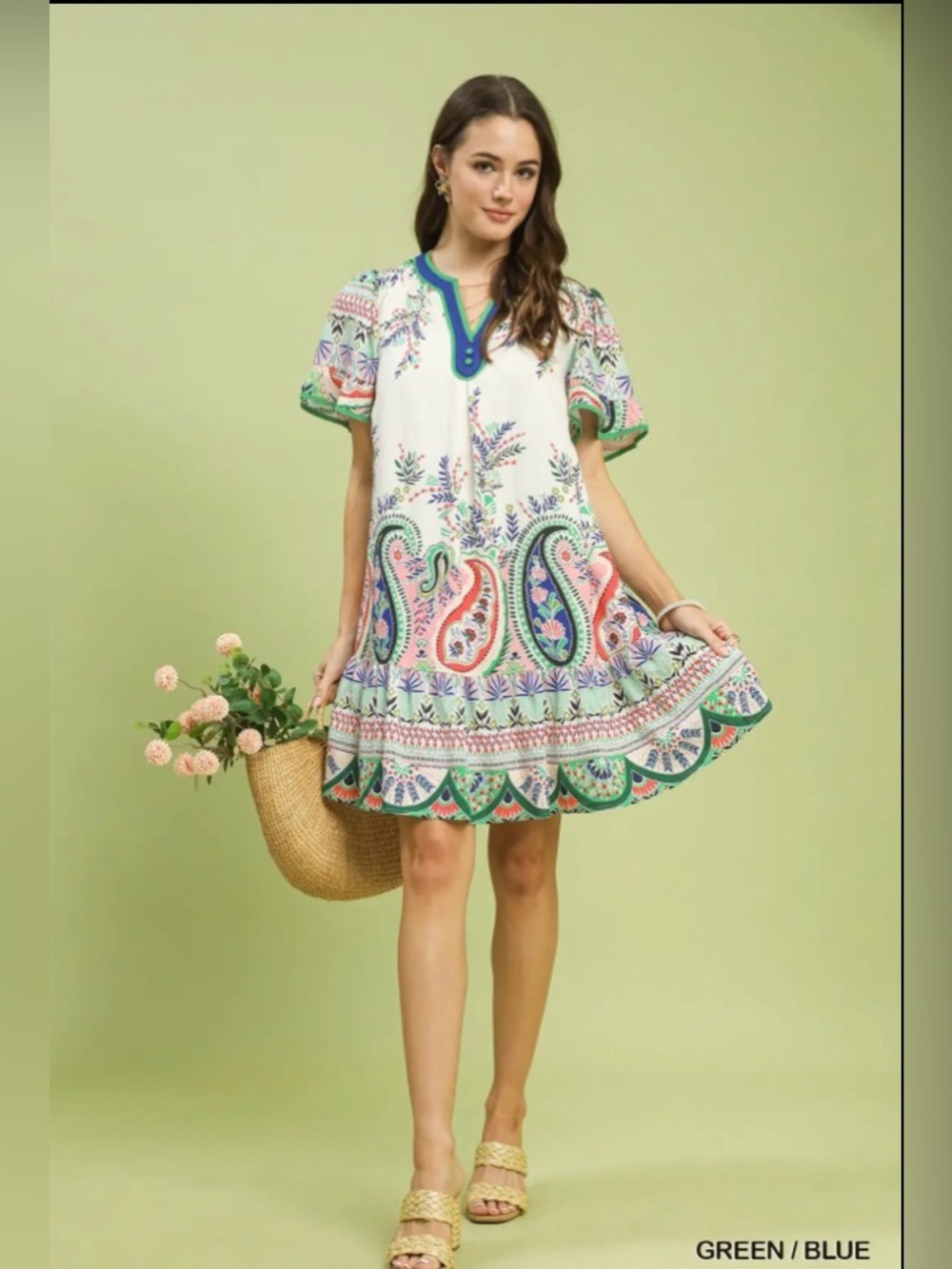 💚 Umgee Paisley Flutter Sleeve Mini Dress – Green Blue Boho Dress 💚